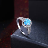 Platinum Plated Ring Womens Halo AAA Zirconia Opal Stone Blue B522