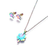 Stainless Steel Set Stud Earring Pendant Necklace Clover 18" ; 10x8mm P2