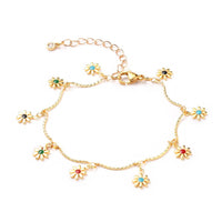 Enamel Charm Bracelet Bar Stainless Steel Lobster Flower Gold 7.3" Z166