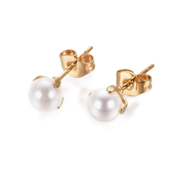 Stainless Steel Stud Earrings White Pearl Bead Earrings Back Gold 17x5mm A166