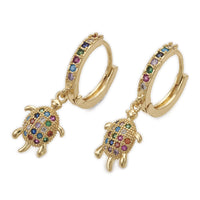 Cubic Zirconia Dangle Hoop Earrings Sea Turtle Colorful Gold 30mm Pin 1mm  P630