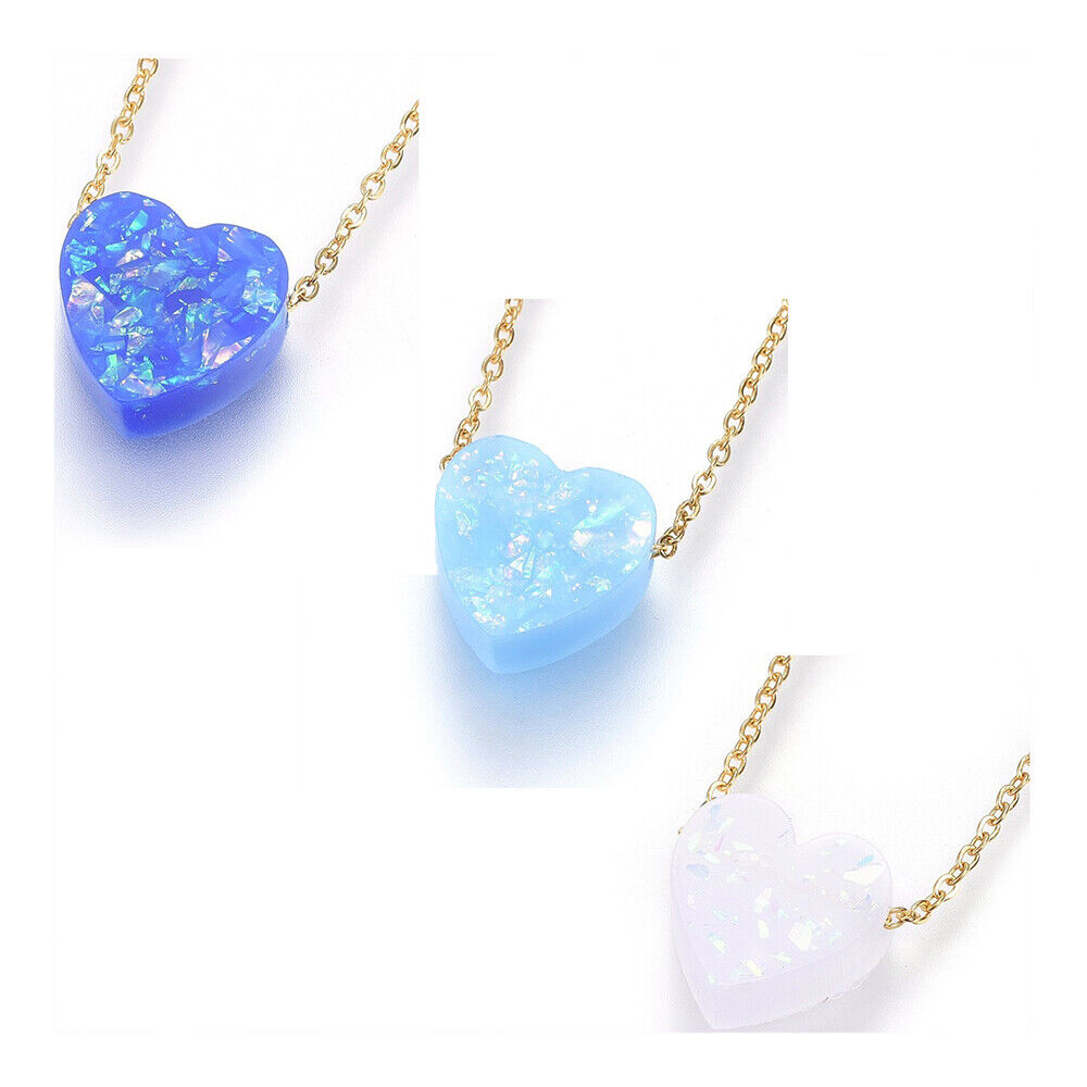 304 Stainless Steel Pendant Necklace Epoxy Resin Heart Blue Gold 18" 1.2mm  A269