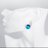 Rose Gold  Blue Earrings Dangle Drop Lever Back AAA Zirconia .56" L175