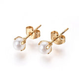 304 Stainless Steel Stud Earrings Pearl Beads Back White Gold 16.5x4.5mm P597