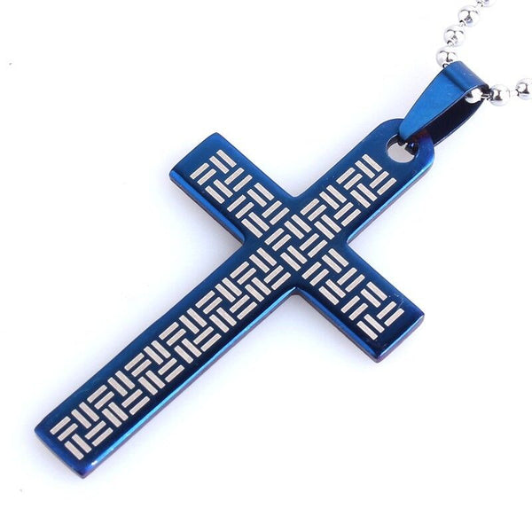 316L Stainless Steel Pendant .2X2.075 Inch Cross Silver Blue Necklace 22" B85