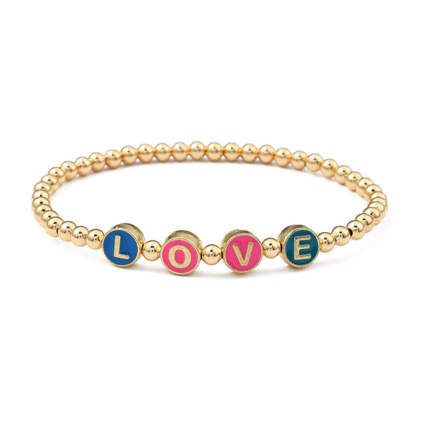 Stretch Beaded Bracelet for Valentine's Day Enamel Word Love Gold Z152