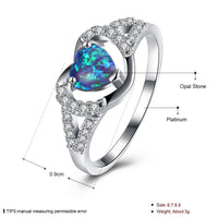 Platinum Plated Ring Womens Halo Heart AAA Zirconia Opal Stone Blue B516