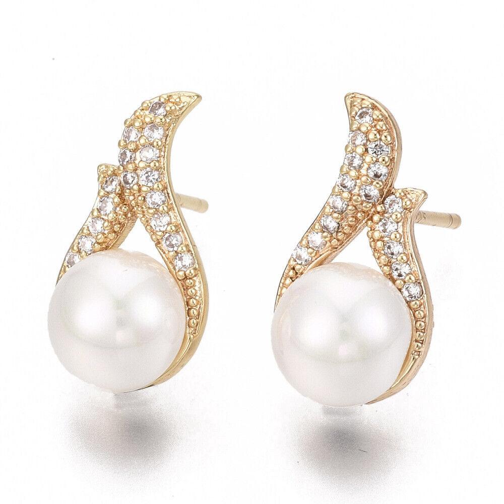Micro Zirconia Earrings ABS Pearl Sterling Silver Plated Teardrop 18K White Z427