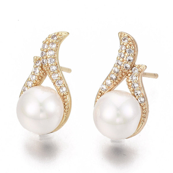 Micro Zirconia Earrings ABS Pearl Sterling Silver Plated Teardrop 18K White Z427