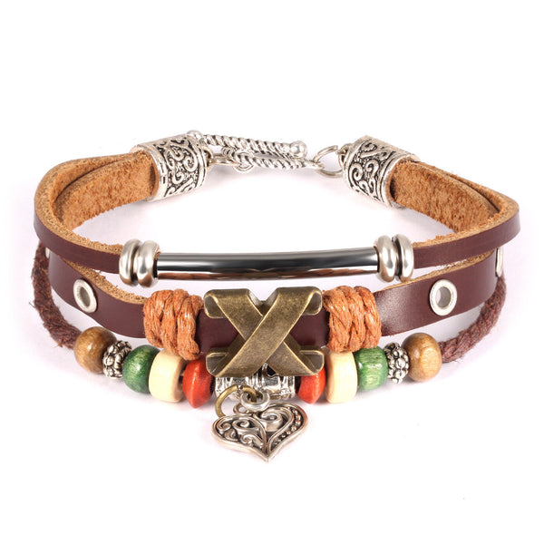 Genuine Leather Hemp Wood Bracelet Green Brown Silver  Luchy Charm Wood G368