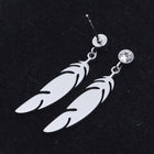 Stainless Steel Dangle Stud Earrings Zirconia Feather Silver 26mm 0.8mm Z377