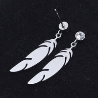 Stainless Steel Dangle Stud Earrings Zirconia Feather Silver 26mm 0.8mm Z377