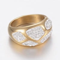 Stainless Steel Ring Wide Band Rings  Clay Rhinestones Gold Size 7 17mm Z709