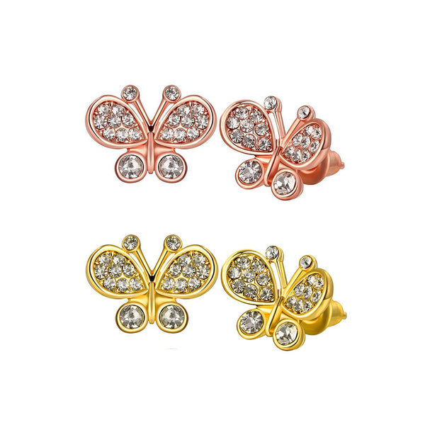 Rose Gold Plated Earrings Stud AAA Zirconia Push Back Butterfly .52" L254