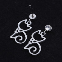 Stainless Steel Kitten Dangle Stud Earrings Zirconia Hollow Cat Silver Z375