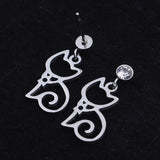 Stainless Steel Kitten Dangle Stud Earrings Zirconia Hollow Cat Silver Z375