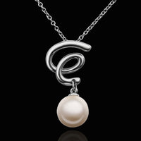 White Gold Plated Necklace Pendant White Glass Pearl 18.5 Inches 1MM Lobster B81