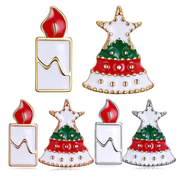 Rose Gold Platinum Enamel Stud Earrings Christmas Tree Candle 17x12mm P133