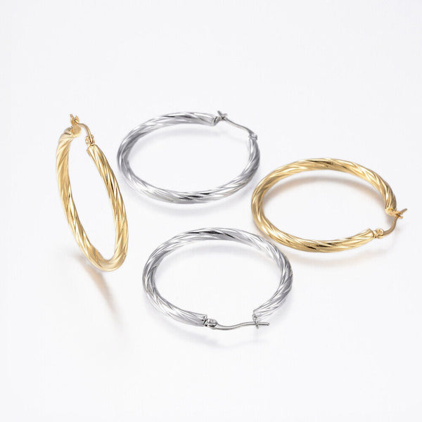 304 Stainless Steel Hoop Earrings Twist Stripe Gold Silver 1.6" 1x0.8mm  P577