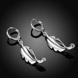 Sterling Silver Plated Earrings Drop Dangle Leverback Feather .56" L377