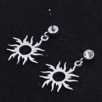 Stainless Steel Dangle Stud Earrings Zirconia Sun Silver 24mm 0.8mm Z379