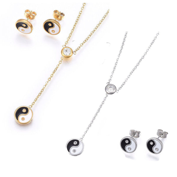 Stainless Steel Set Necklace Stud Earrings Enamel Yin Yang Gold Silver 17" P468