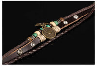 Genuine Leather Hemp Wood Bracelet Green Brown Luchy Charm Wood Alloy Beads G372