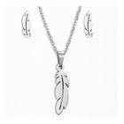 Stainless Steel Set Pendant Necklace Earrings Lobster Feather Silver 17" A458