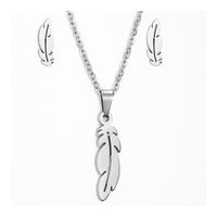 Stainless Steel Set Pendant Necklace Earrings Lobster Feather Silver 17" A458