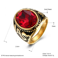 Stainless Steel Yellow Gold Plated Mens Ring Red Stone B551