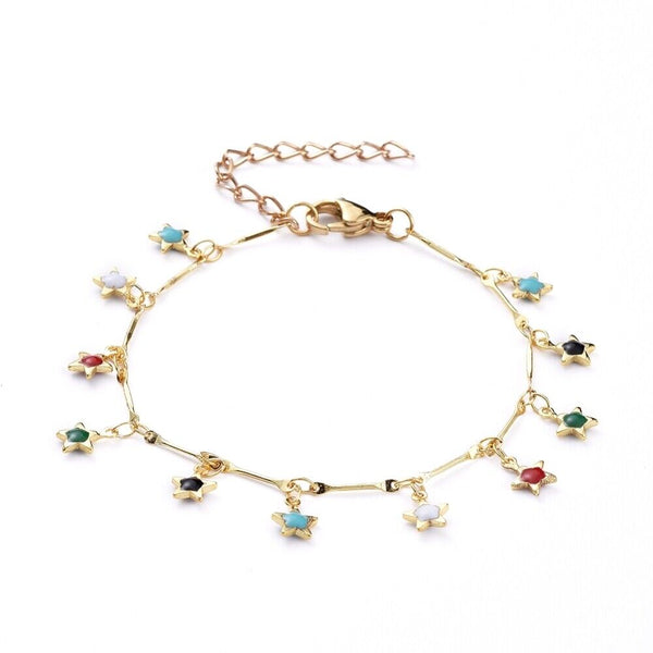 Star Enamel Charm Bracelet Bar Stainless Steel Lobster 18K Gold Plated 7.4" Z241