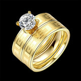 Stainless Steel Bridal Engagement Set Ring Gold Plated Zirconia Women B440