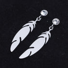 Stainless Steel Dangle Stud Earrings Zirconia Feather Silver 26mm 0.8mm Z377