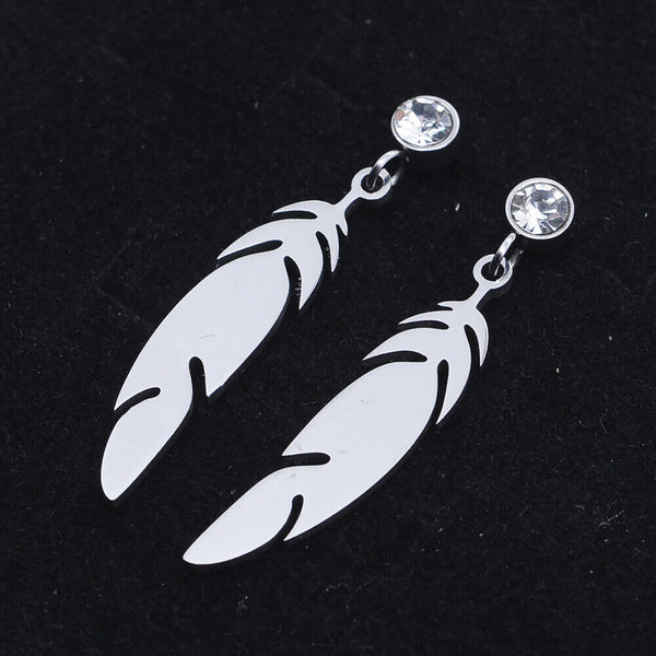 Stainless Steel Dangle Stud Earrings Zirconia Feather Silver 26mm 0.8mm Z377