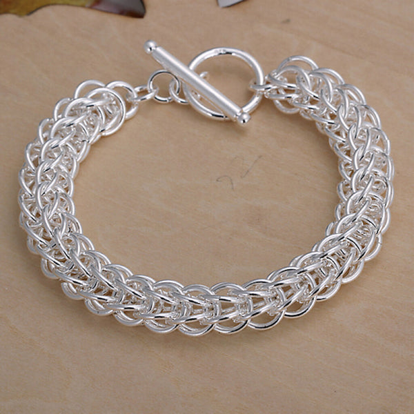 Women's Unisex Sterling Silver Plated Bracelet 7.5 Inches 10MM Toggle L56