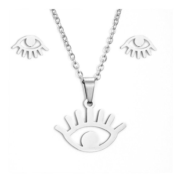 Stainless Steel Set Pendant Necklace Stud Earrings Lobster Eye Silver 17" A461