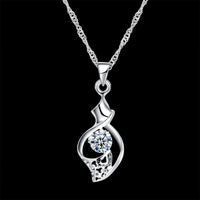 Sterling Silver Necklace Pendant Drop AAA Zirconia 18" 1MM Lobster Clasp B442