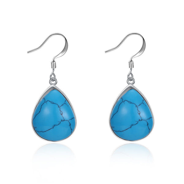 Platinum Plated Earrings Drop Dangle Kallaite Blue Fish Hook Clasp L524