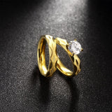 Stainless Steel Bridal Engagement  Set Ring Yellow Gold AAA Zirconia Women B439