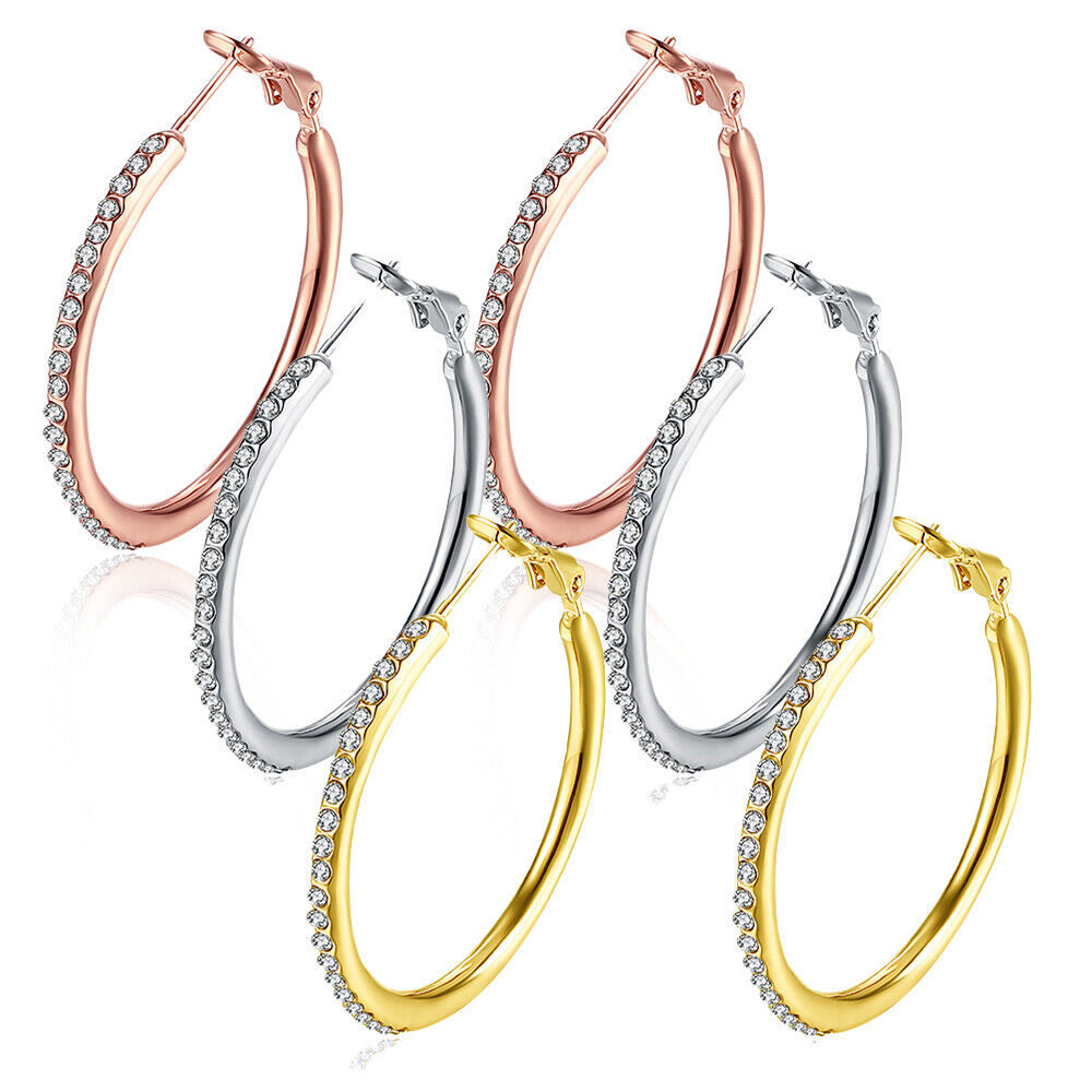 Rose Yellow Gold Silver Zirconia Latch Back Hoop Earrings L113
