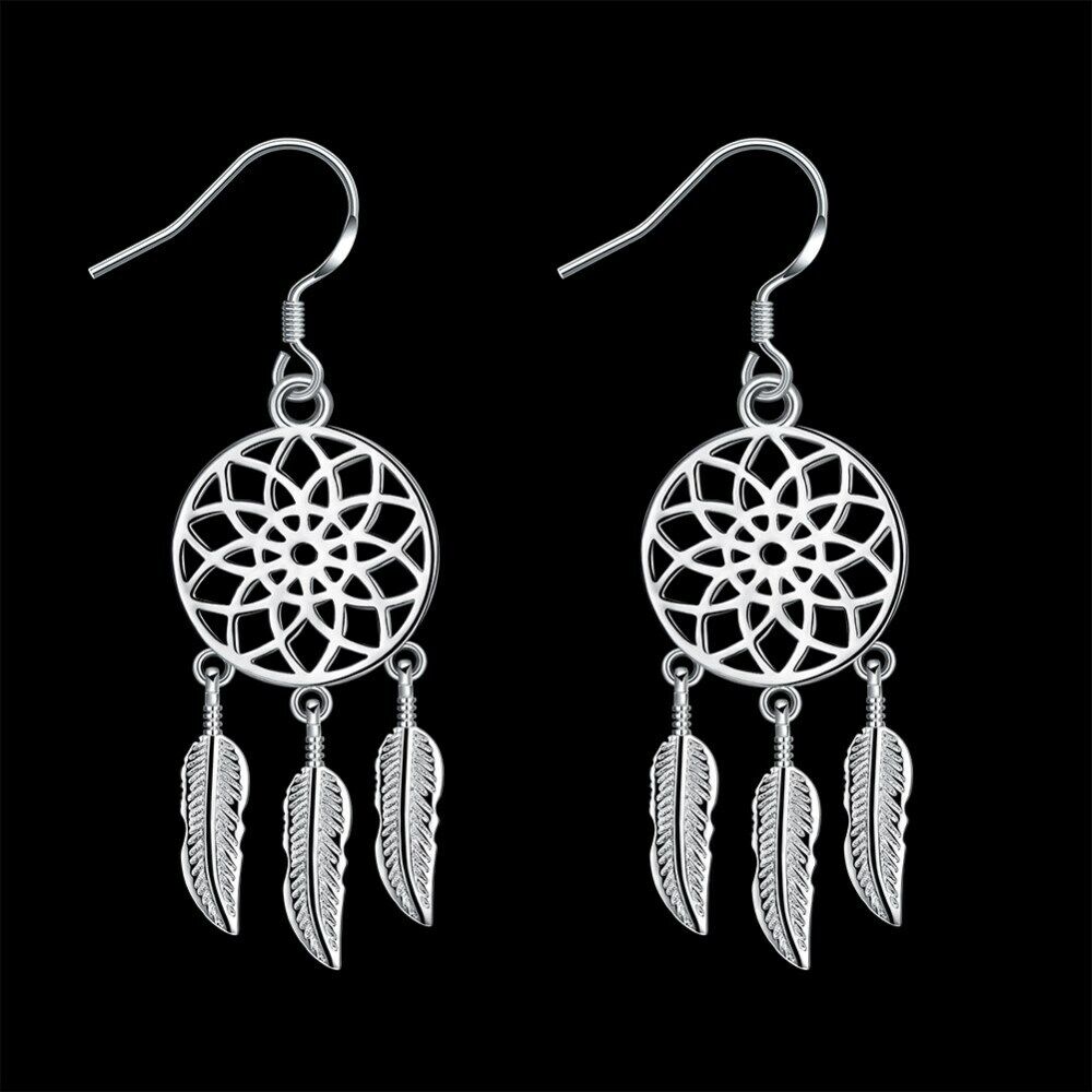 Silver Plated Dangle Earrings Wind Dream Feathers Catcher Fish Hook 56x20mm P129