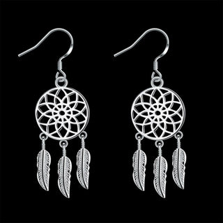 Silver Plated Dangle Earrings Wind Dream Feathers Catcher Fish Hook 56x20mm P129