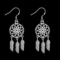 Silver Plated Dangle Earrings Wind Dream Feathers Catcher Fish Hook 56x20mm P129