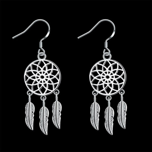 Silver Plated Dangle Earrings Wind Dream Feathers Catcher Fish Hook 56x20mm P129