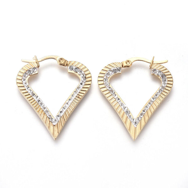 201 Stainless Steel Hoop Earrings Rhinestone Heart Crystal Gold 32mm 0.8mm  P546