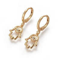 Dangle Hoop Earrings Zirconia Hand Hamsa Evil Eye Gold 27mm 1mm P140