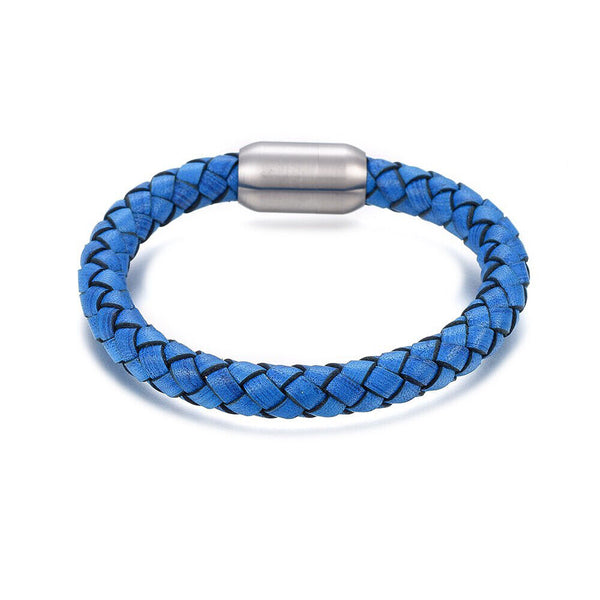 Leather Cord Bracelet Stainless Steel Magnetic Silver 7.8" 20cm 8mm Z85