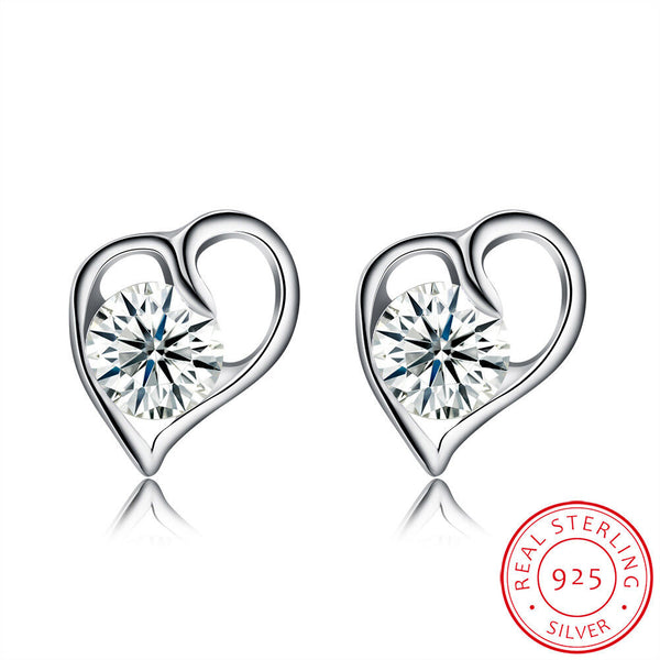 Sterling Silver Plated  Earrings Heart Stud AAA Zirconia  Push Back Clasp L746