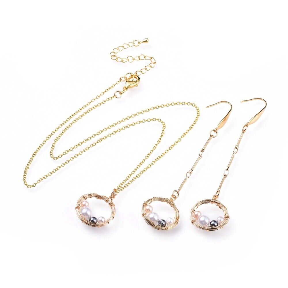 Dangle Earring Pendant Necklace Set Pearl Earring Hooks Gold 17" P761