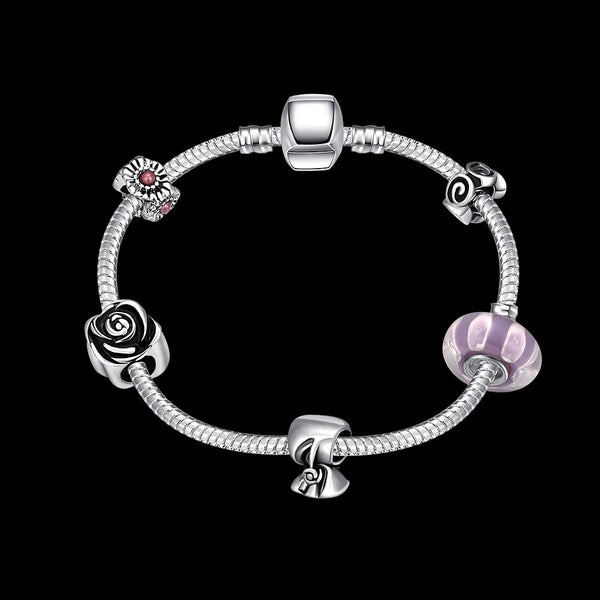 Sterling Silver European Beads Flower Pink Magnetic 8 Inches 2.7MM Bracelet L134